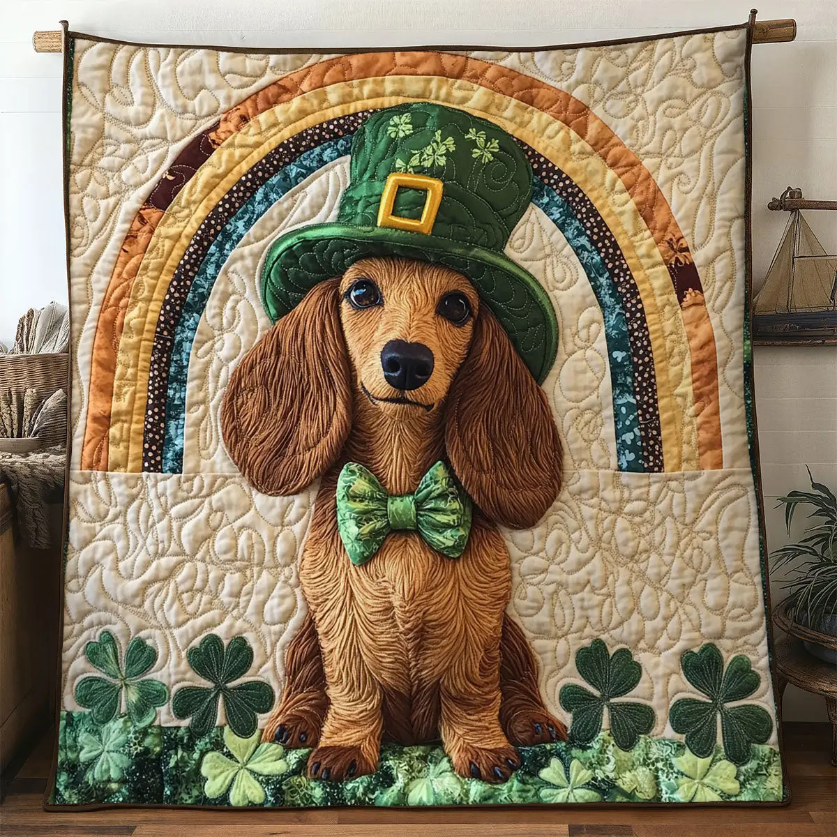 Rainbow Dachshund Quilted Blanket Trendy Home Decor St Patricks Day Presents For Her