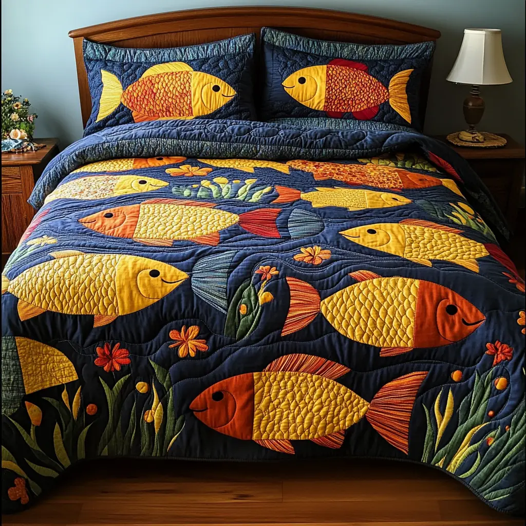 Rainbow Fishes Quilted Bedding Set Bed Decor Unique Best Gifts For Fishing Lovers
