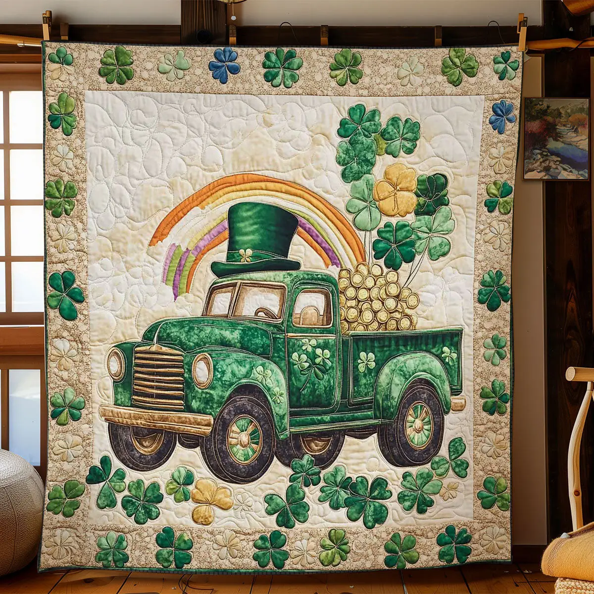 Rainbow Green Truck Quilted Blanket Bedding Accessories St Patrick's Gifts For Cousins