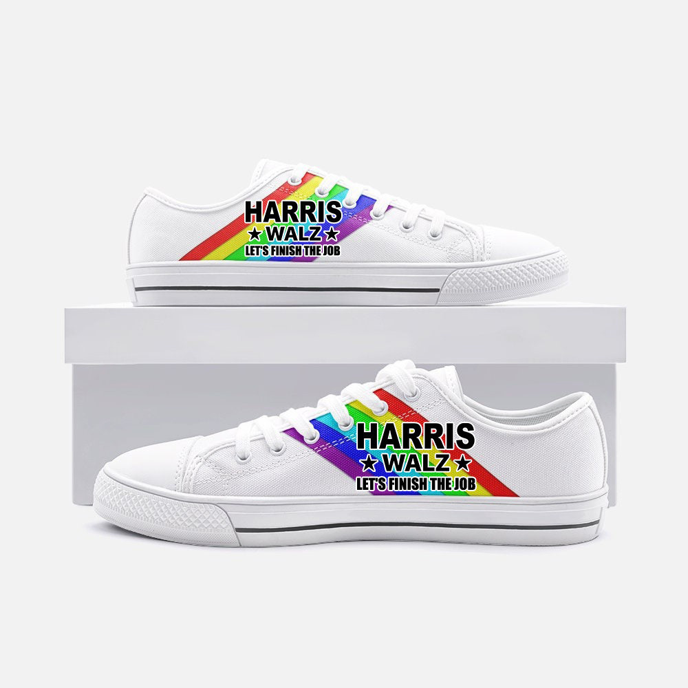 Rainbow Harris Walz '24 Let's Finish The Job Low Top Shoes LGBT Pride Kamala Harris Campaign Patriotic Shoes