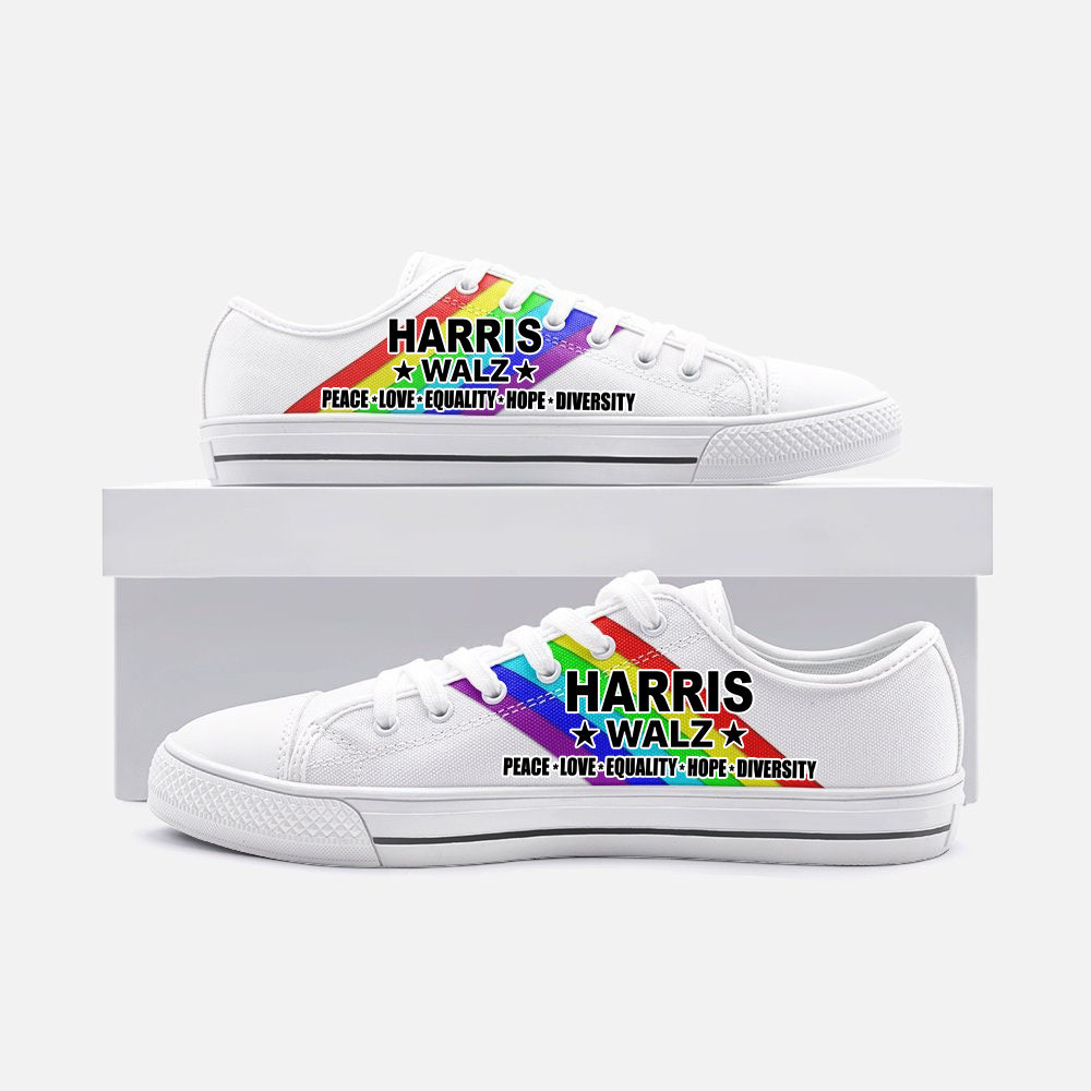Rainbow Harris Walz '24 Peace Love Equality Hope Diversity Low Top Shoes LGBT Pride Kamala Harris Campaign Patriotic Shoes