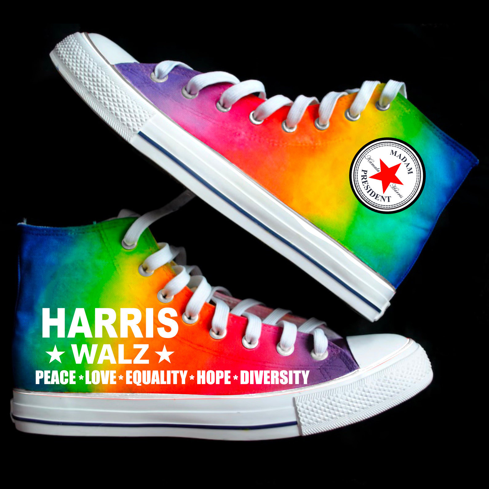Rainbow Harris Walz Peace Love Equality Hope Diversity High Top Shoes Kamala Harris Campaign Patriotic Shoes
