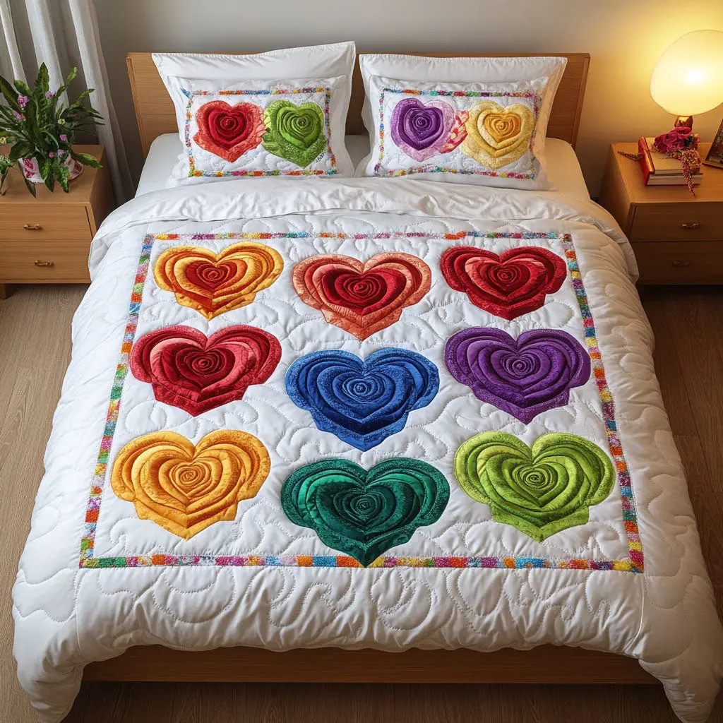 Rainbow Hearts Quilted Bedding Set Valentine Day Gifts Ideas For Daughter In Law
