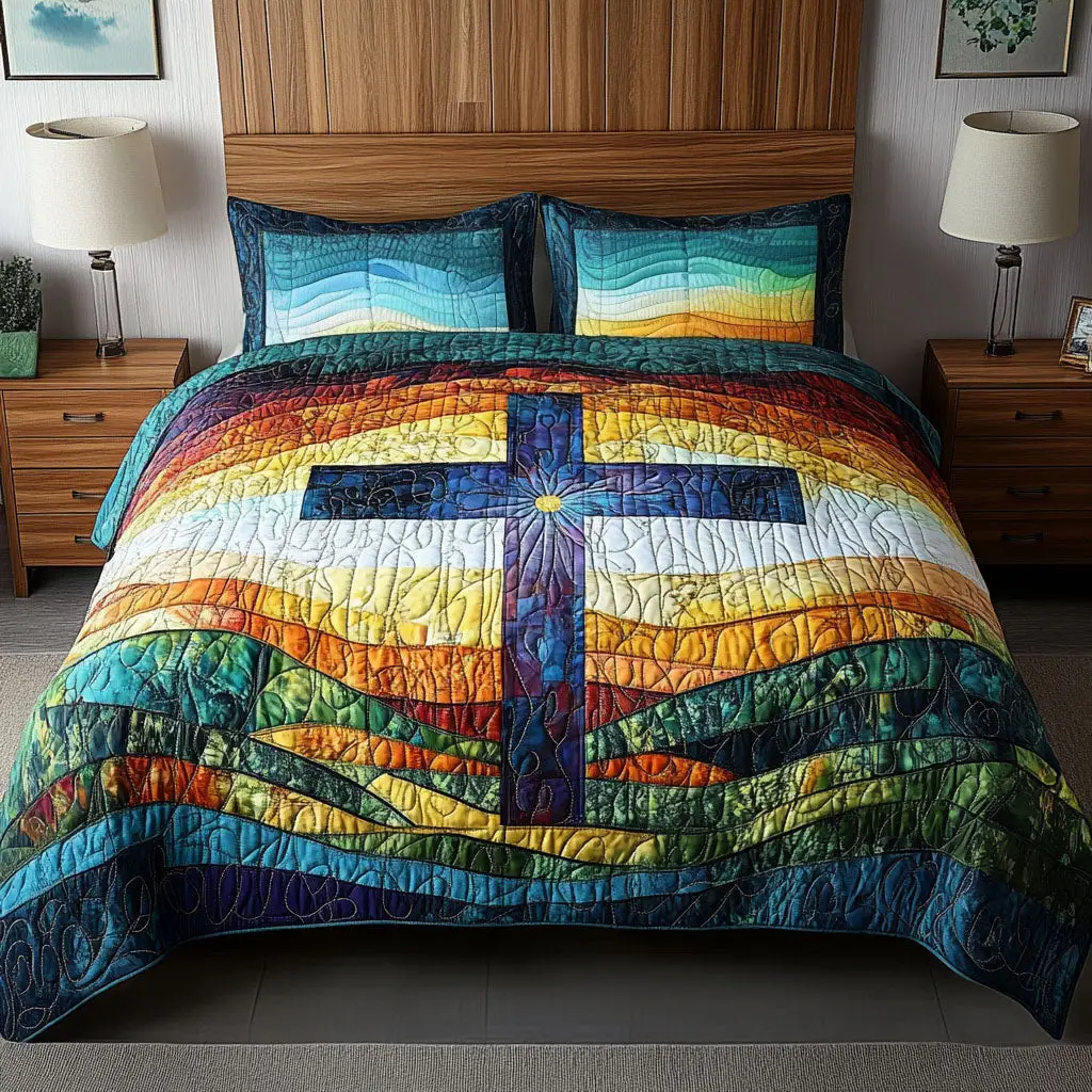 Rainbow Horizon Cross Quilted Bedding Set Bed Decor Presents For Christian Friends Rainbow Horizon Cross Quilted Bedding Set Bed Decor Presents For Christian Friends - Image 1