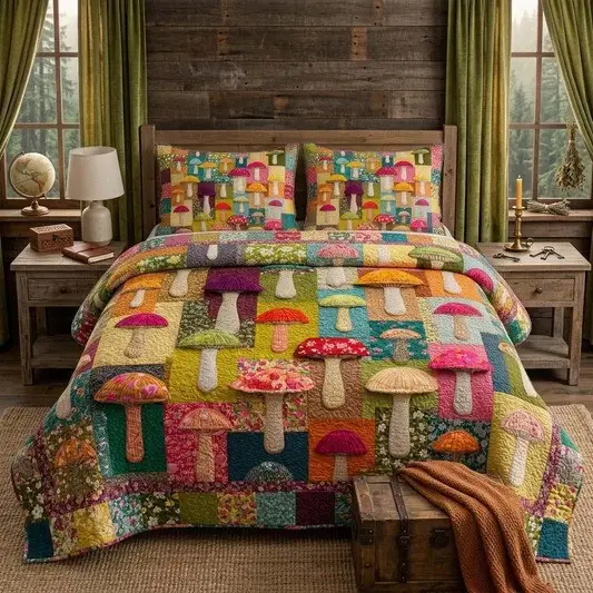 Rainbow Mushroom Quilted Bedding Set Boho Bedroom Decor Cozy Gift For Cottagecore Lovers