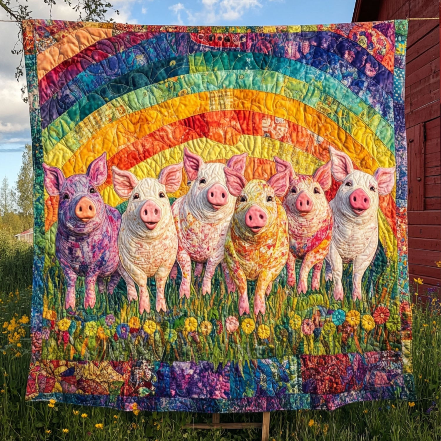 Rainbow of Oinks Quilted Blanket Bedroom Xmas Decor Gifts For Pig Lovers