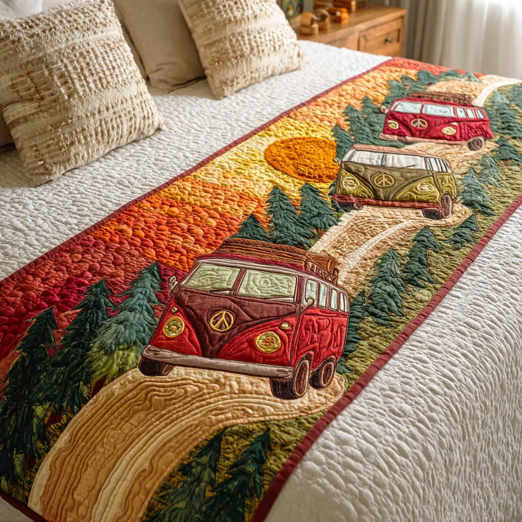 Rainbow Peace Route Quilted Bed Runner Rainbow Peace Path Gift for Spiritual Homes