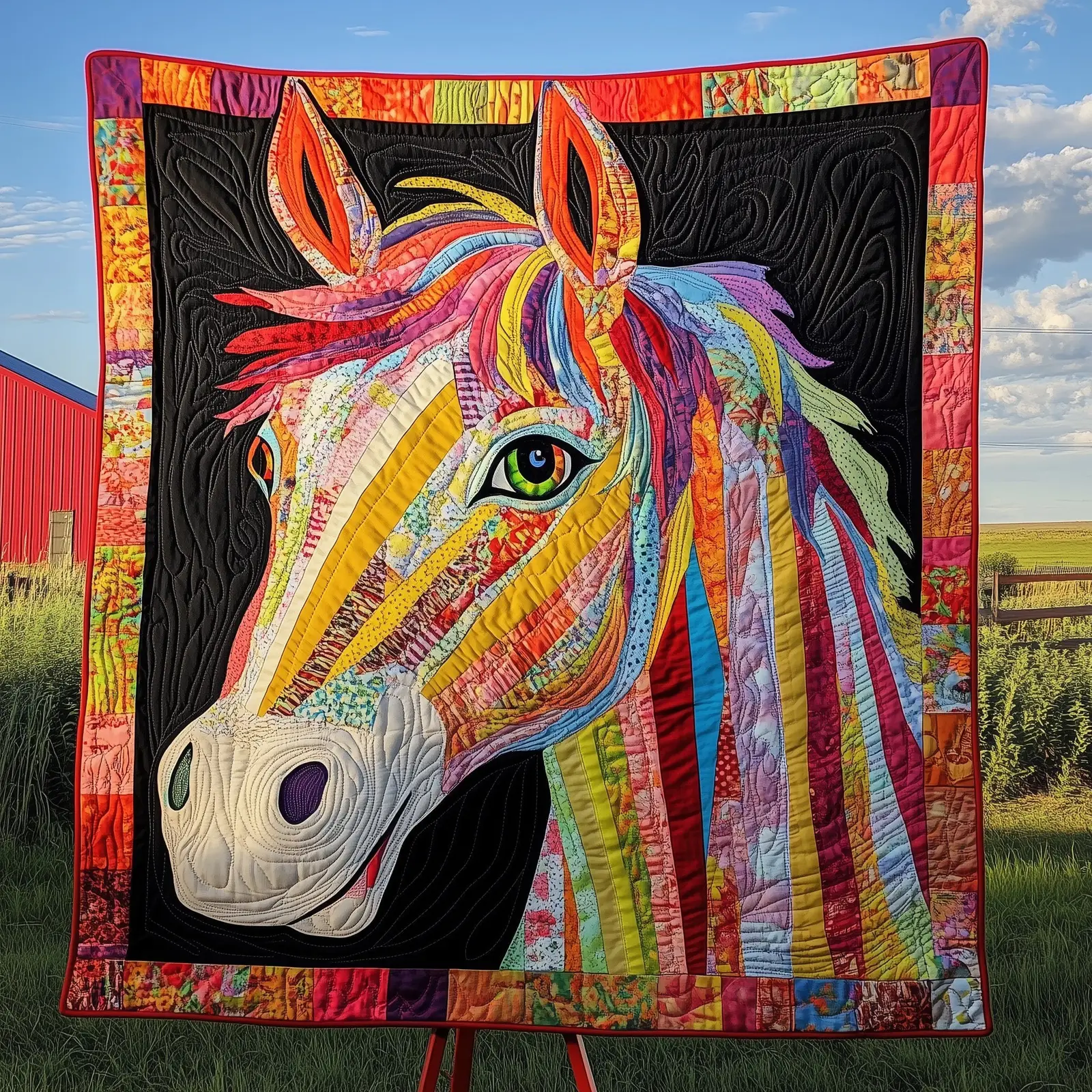 Rainbow Rider Quilted Blanket Vibrant Horse Art Quilt Unique Gifts For Horse Lovers