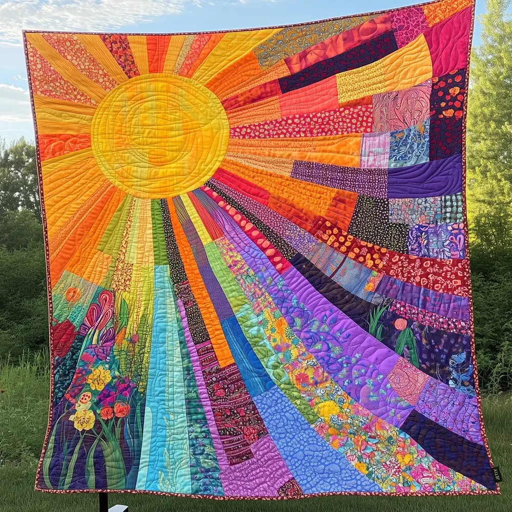 Rainbow Sunburst Patchwork Quilted Blanket Colorful Sun Art Throw Best Gift For Sunshine Lover Decor