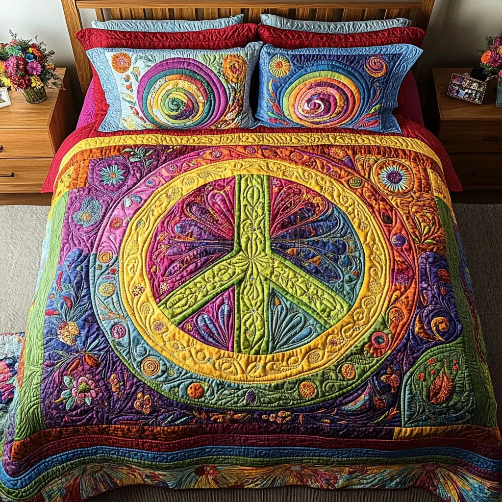 Rainbow Tranquility Quilted Bedding Set Bedroom Decor Birthday Gift For Hippie Friend