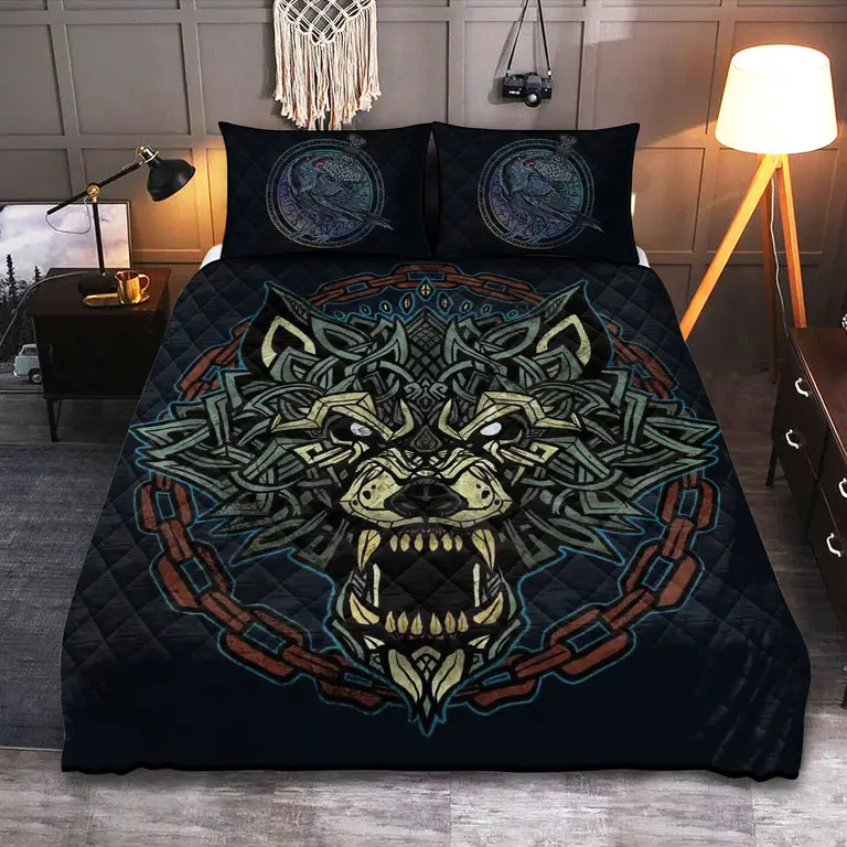 Raven And Celtic Fenrir Wolf Viking Quilted Bedding Set Bedroom Decor Gift For Friends