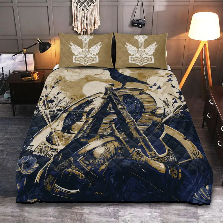Raven Axe Helmet Viking Quilted Bedding Set Holiday Bedroom Decor Gift For Dad