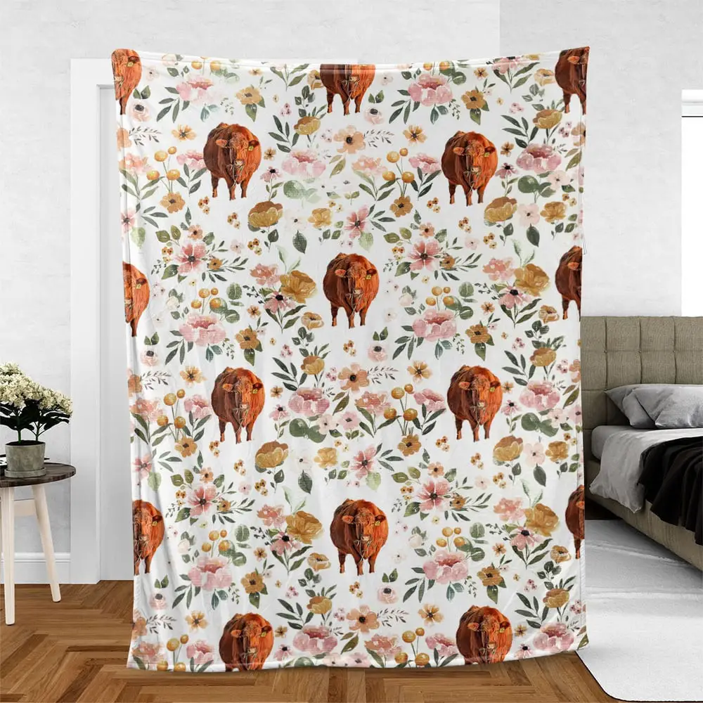 Red Angus Floral Pattern Blanket Farm Blanket Gift For Farmer