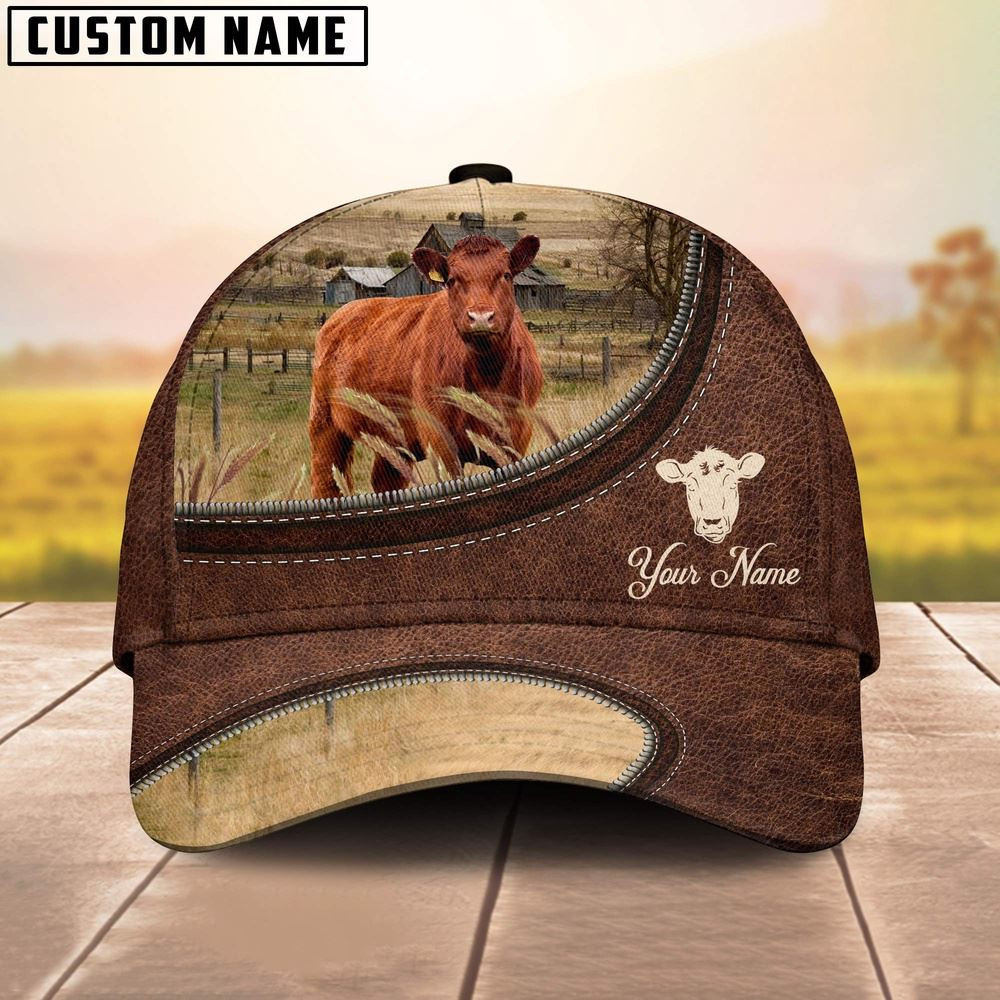 Red Angus On The Farm Customized Name Leather Pattern Cap Farmer Baseball Cap