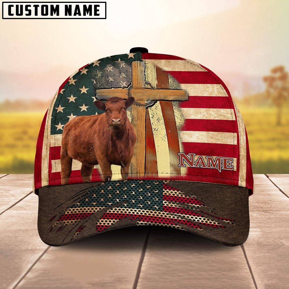 Red Angus USA Flag Customized Name Cap Farmer Baseball Cap Unique Gifts For Farmers