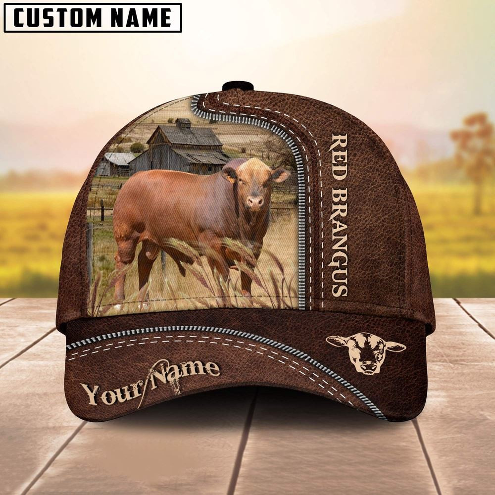 Red Brangus Customized Name Leather Pattern Cap Farmer Baseball Cap Unique Gifts For Farmers