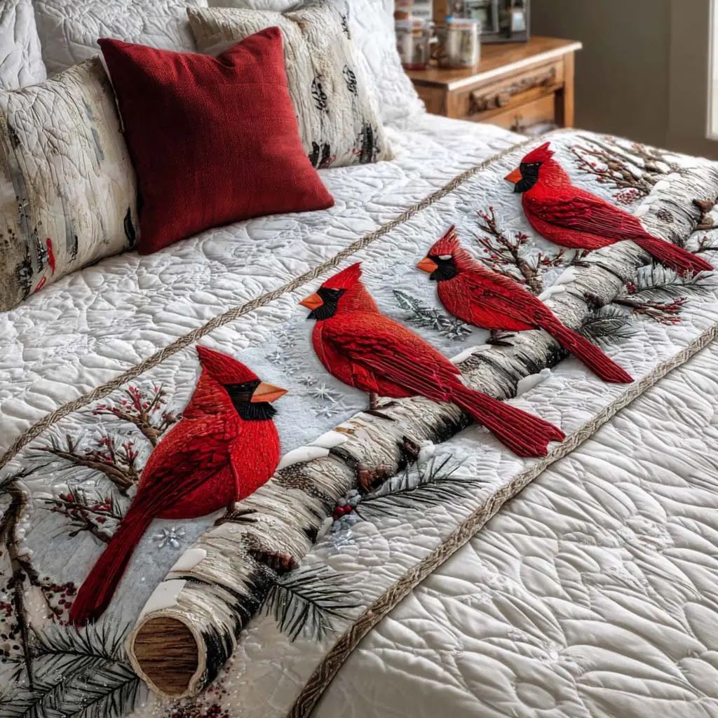 Red Cardinals Quilted Bed Runner Winter Cardinal Theme Gift for Grandma
