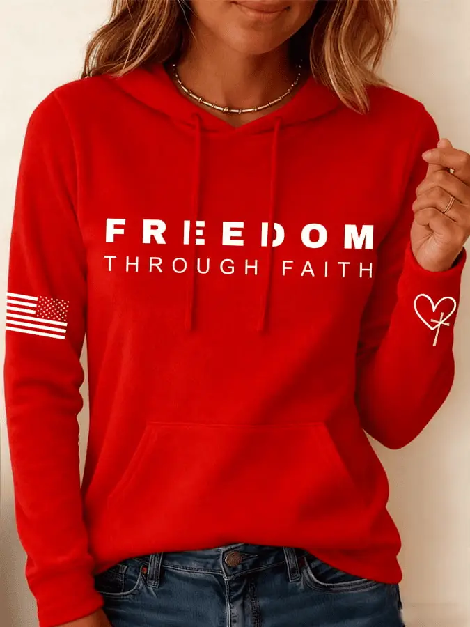 Red Charlie Kirk Freedom Through Faith Print Casual Hoodie Wear Red for Charlie's Birthday