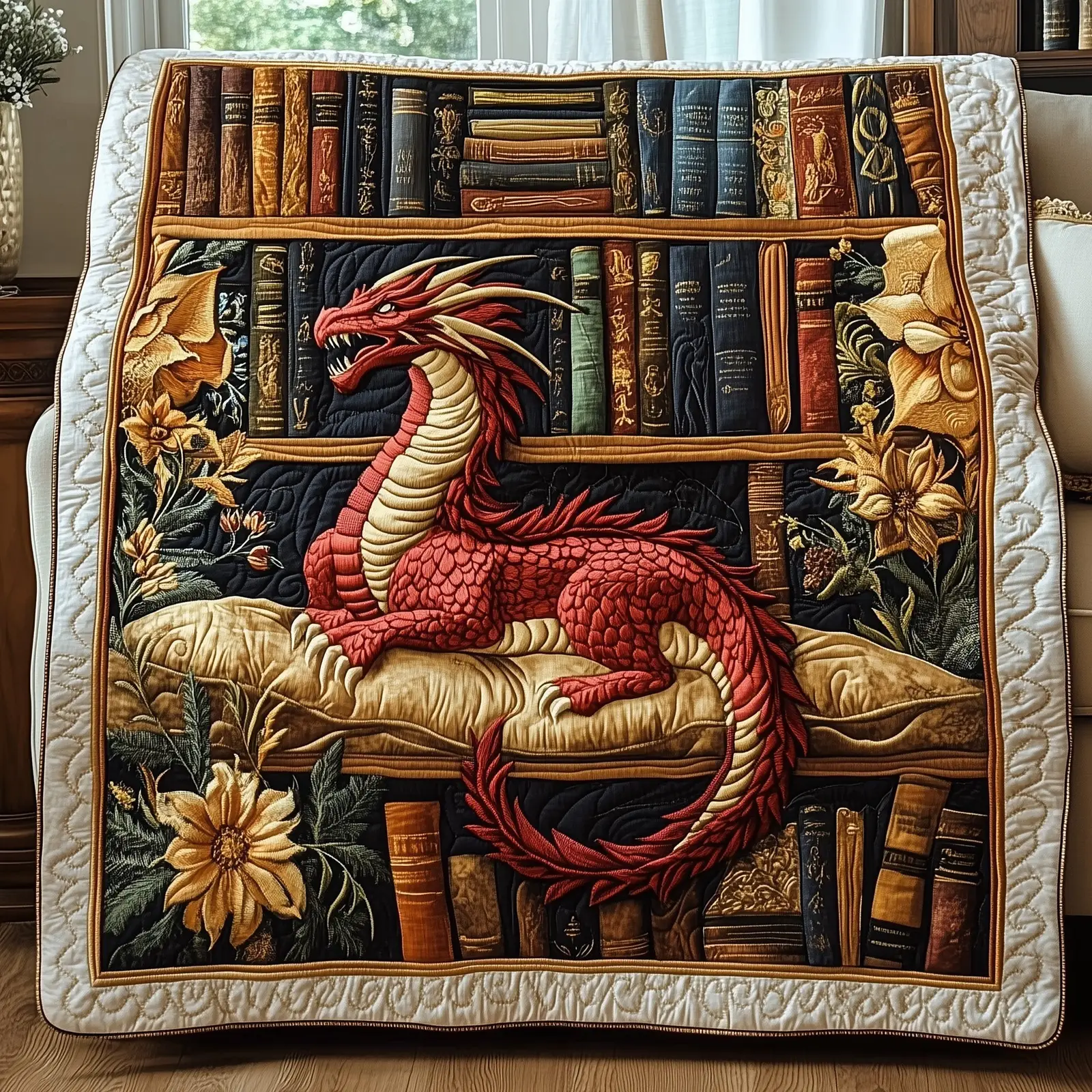 Red Dragon Reading Quilted Blanket Fantasy Library Theme Perfect Gift For Dragon And Book Lover