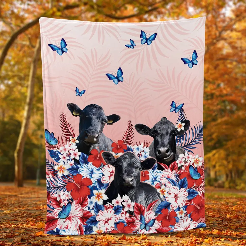 Red Floral Black Angus For Cattle Lover Blanket Farm Blanket Gift For Farmer