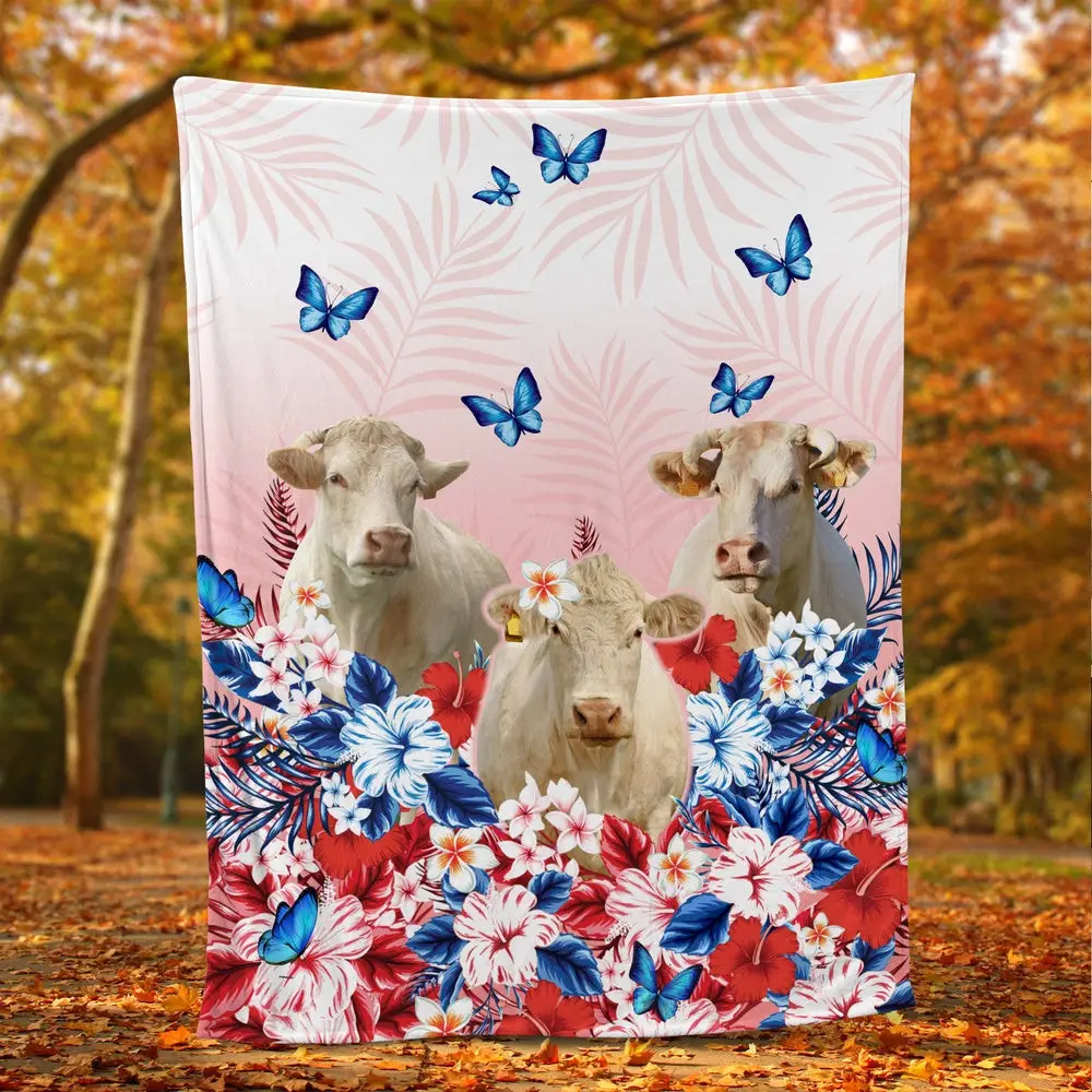 Red Floral Charolais For Cattle Lover All Printed 3D Blanket Farm Blanket Gift For Farmer