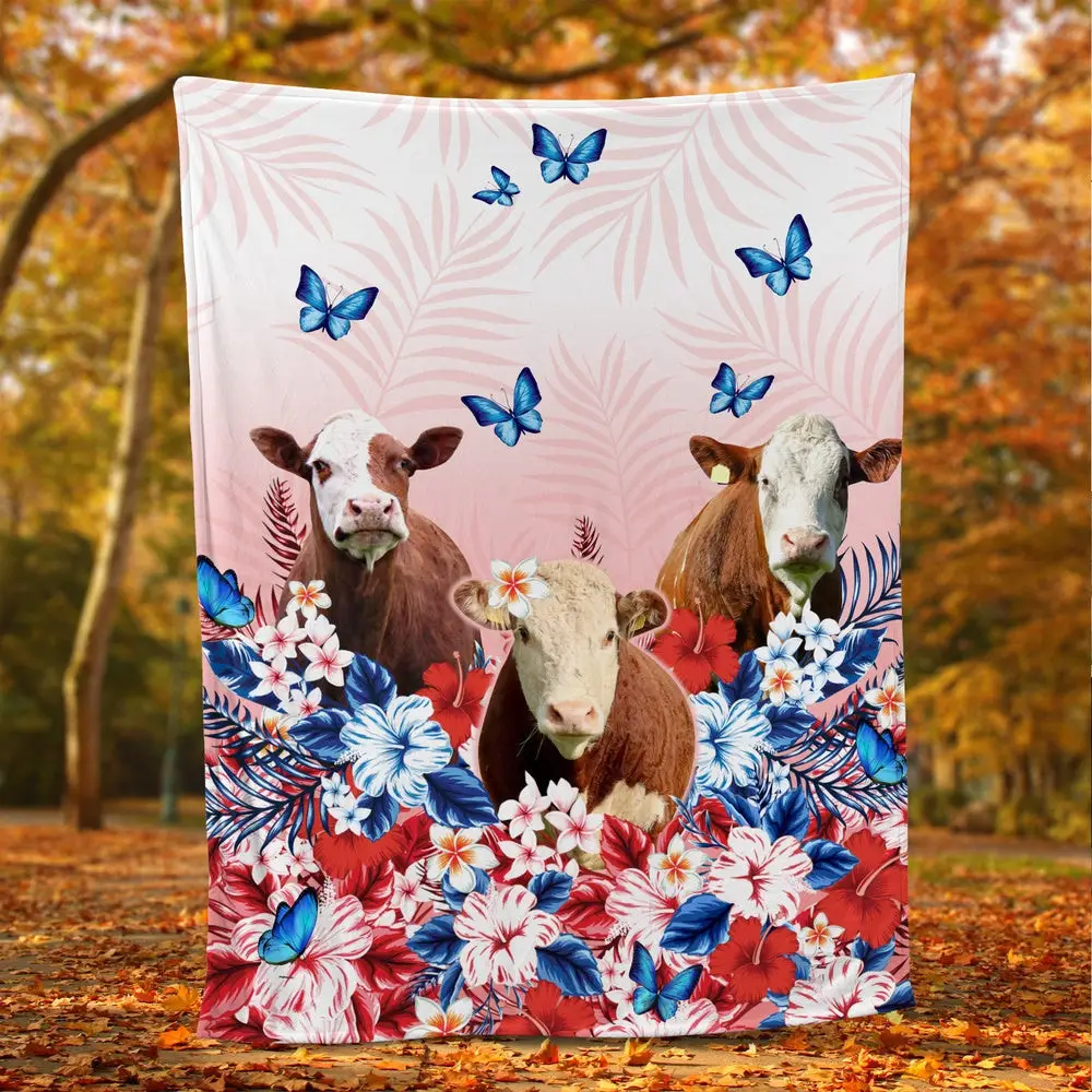 Red Floral Hereford For Cattle Lover All Printed 3D Blanket Farm Blanket Gift For Farmer