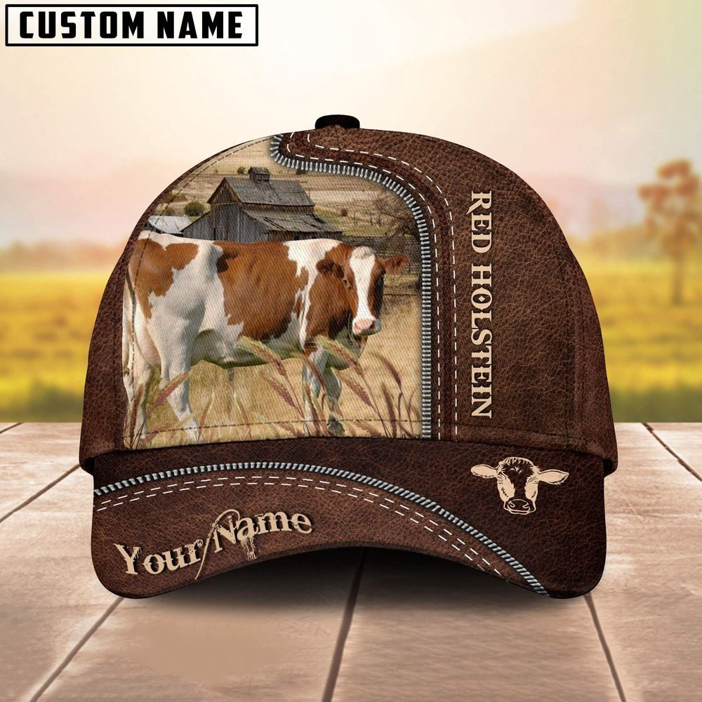 Red Holstein Customized Name Leather Pattern Cap Farmer Baseball Cap Unique Gifts For Farmers