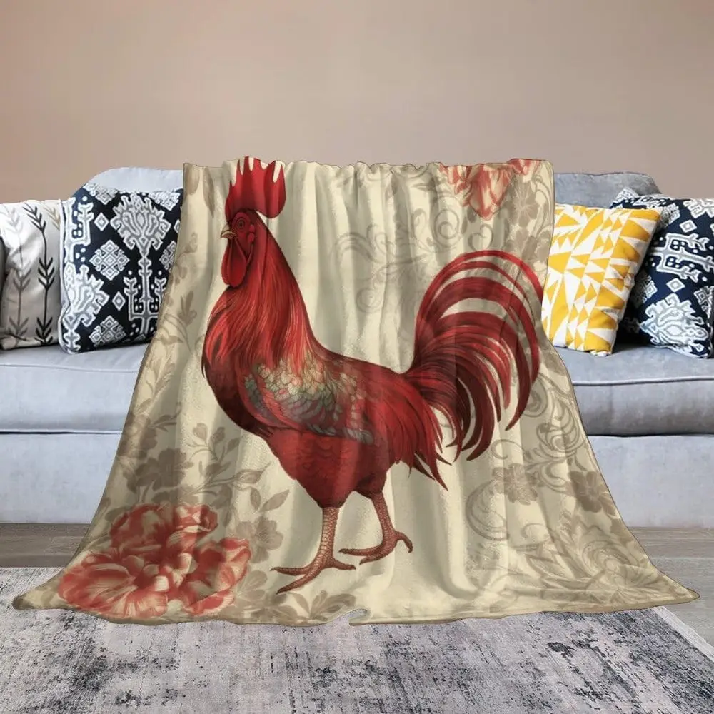 Red Rooster Chickens Flower Painting Pattern Blanket Farm Blanket Gifts For Farmers