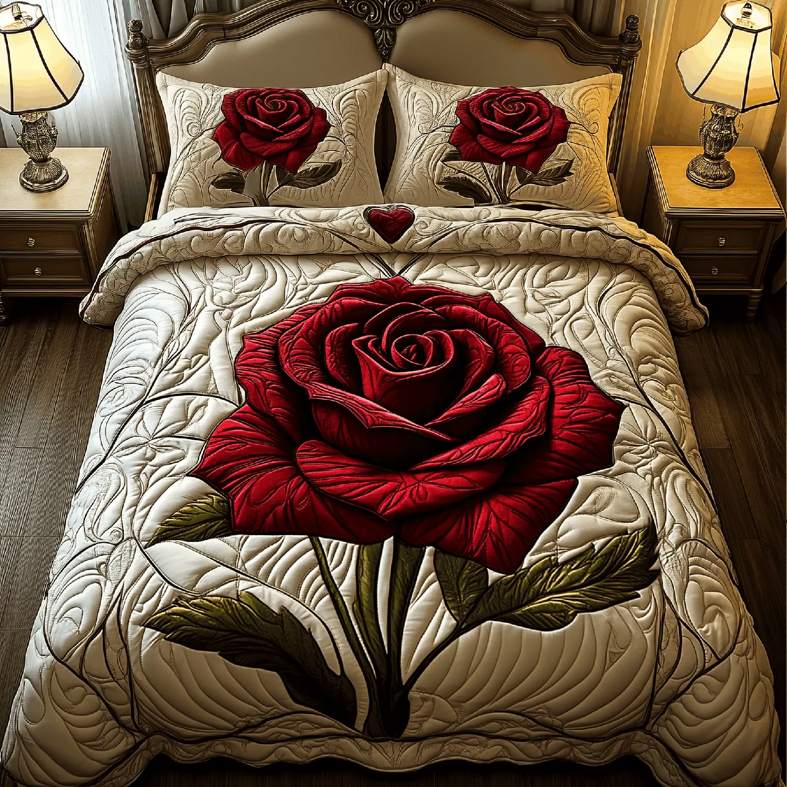 Red Rose For U Quilted Bedding Set Bedroom Decorations Valentine Gift For Girlfriend