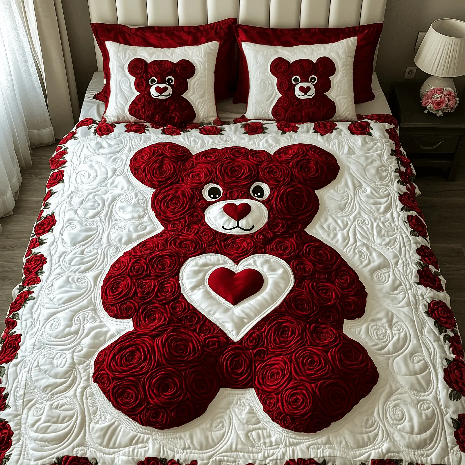 Red Roses Love Bear Quilted Bedding Set Cozy Home Decor Best Valentines Gifts For Her