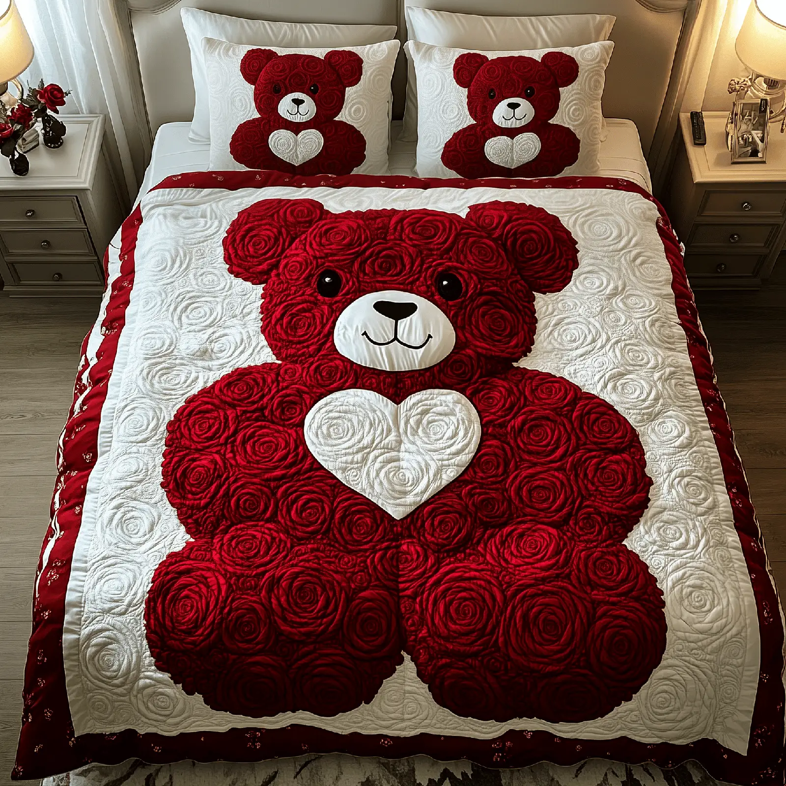 Red Roses Love Bear Quilted Bedding Set Luxury Home Decor Valentines Gift For Husband
