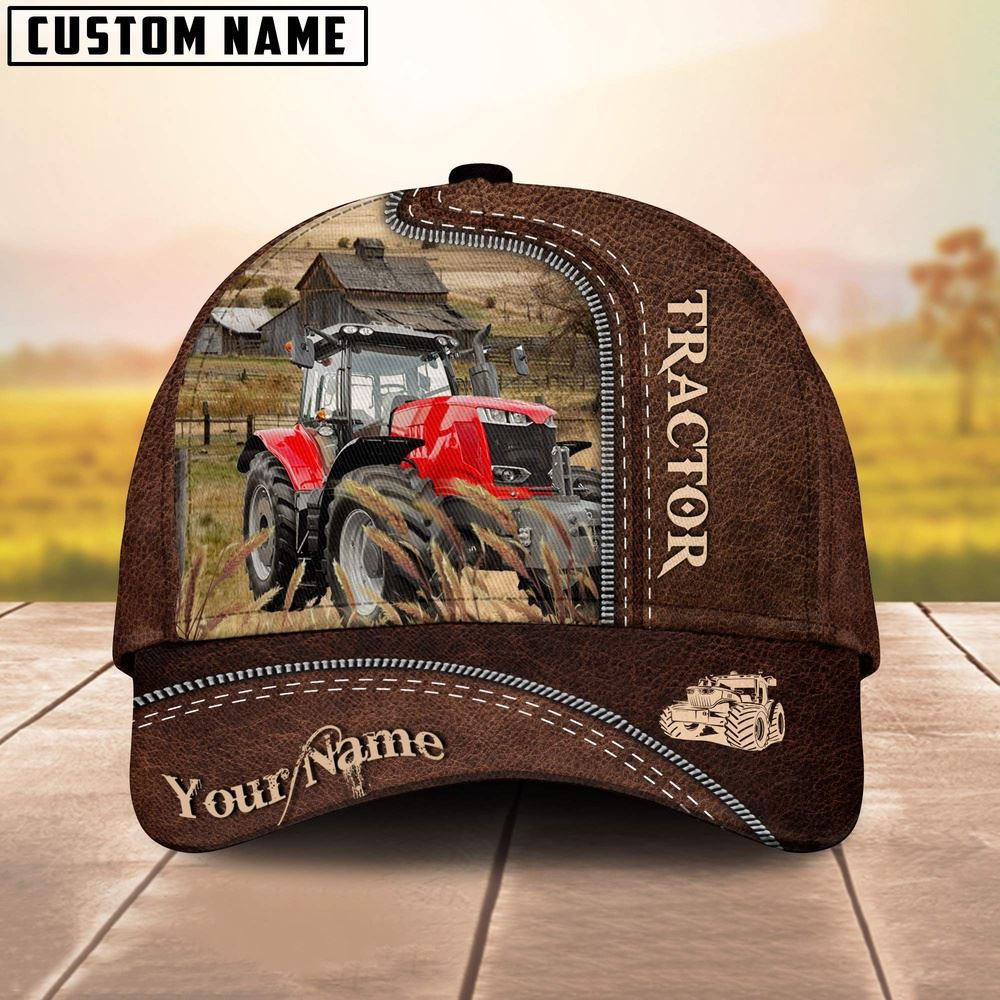 Red Tractor Customized Name Leather Pattern Cap Farmer Baseball Cap Unique Gifts For Farmers