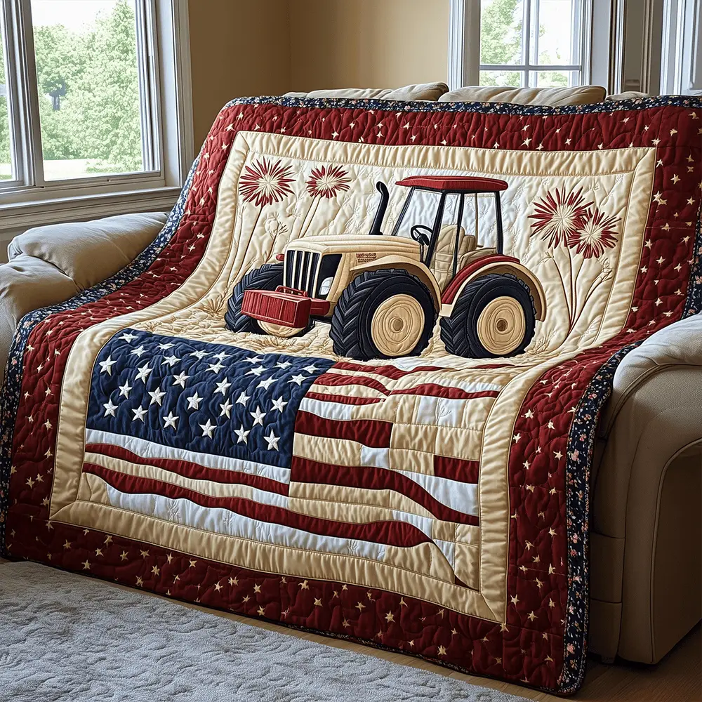 Red Tractor Quilted Blanket American Flag Themed Farmer Tractor Gifts For Him