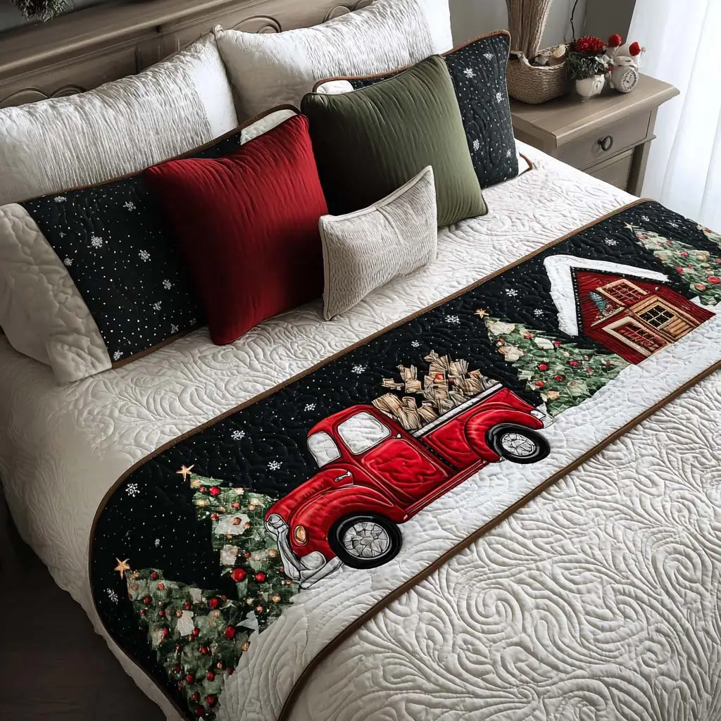 Red Truck Quilted Bed Runner Classic Red Truck Christmas Gift for Husband