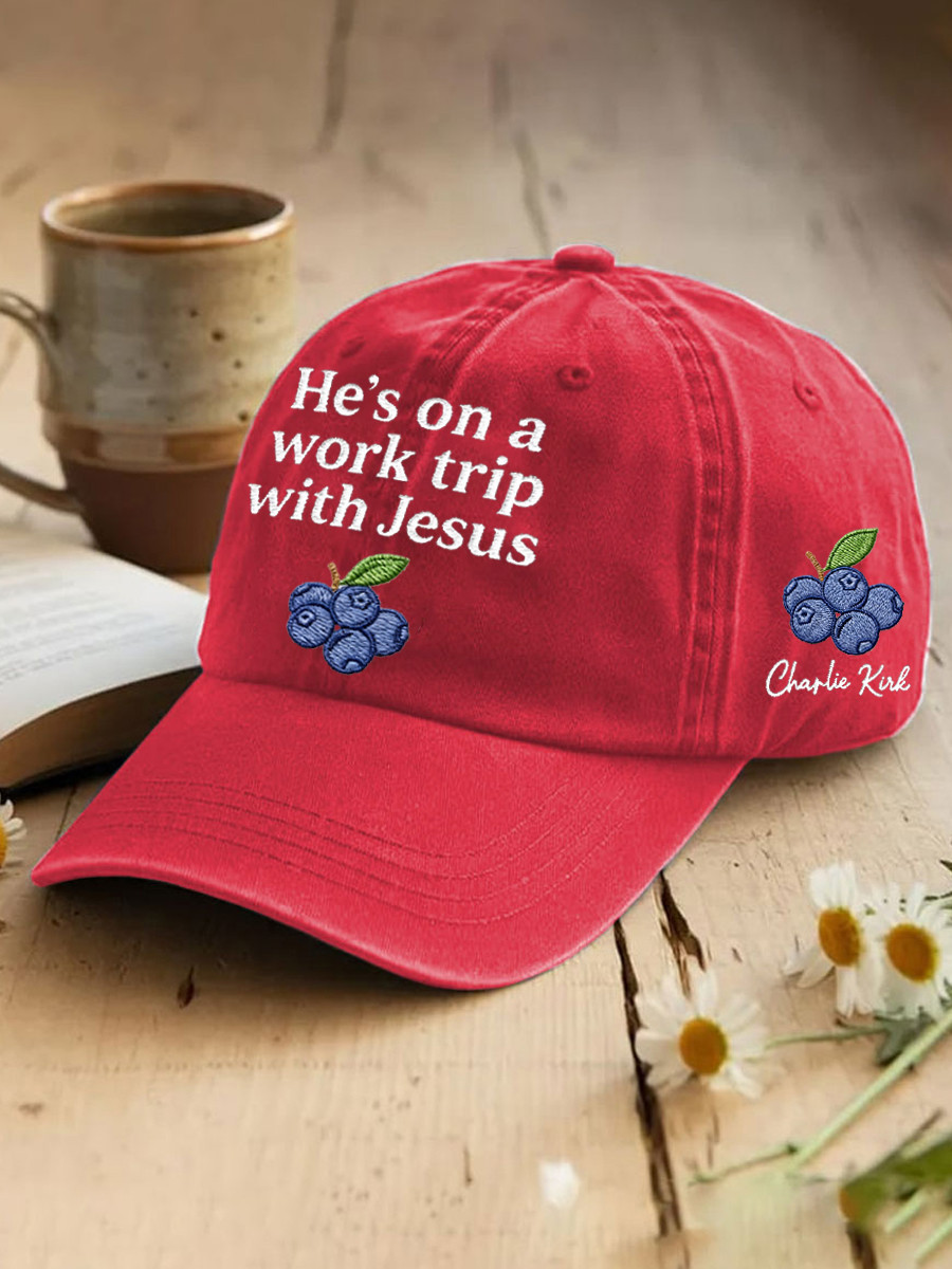 Red White And Blueberries Merch Hat He's On A Work Trip With Jesus Unique Baseball Cap Gifts