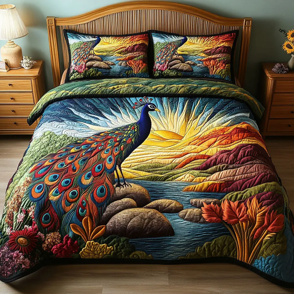 Regal Feathers and Meadows Quilted Bedding Set Bedroom Decor Ideas Peacock Theme Gifts Items
