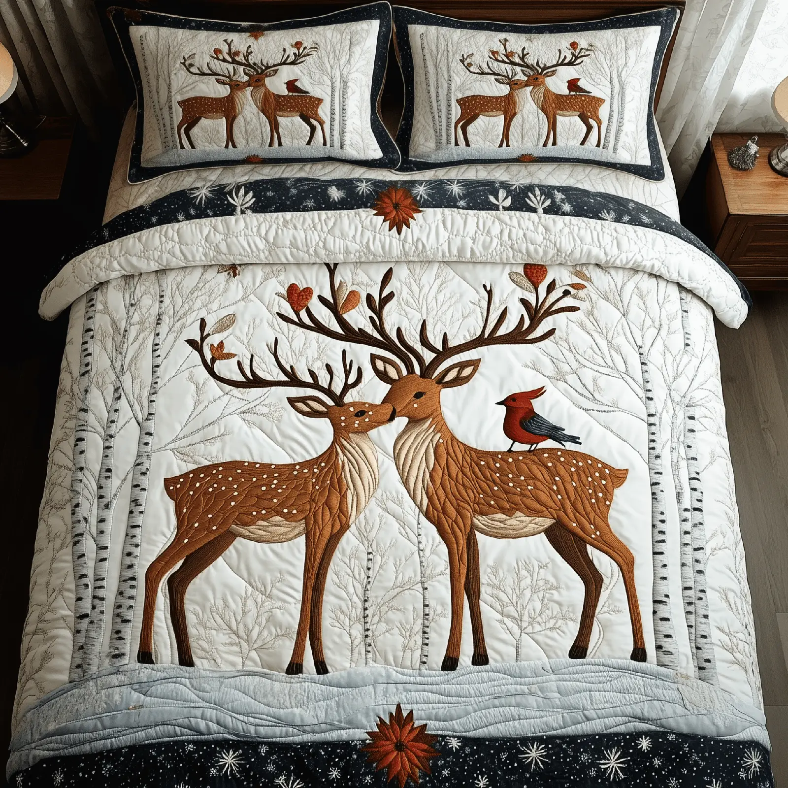 Reindeer Couple Quilted Bedding Set Christmas Bedding Set Christmas Gifts For Couples