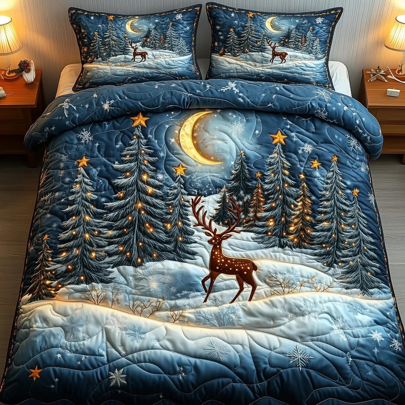 Reindeer Enchanted Holiday Christmas Quilted Bedding Set Duvet Cover Bedspread Cute Gifts For Xmas