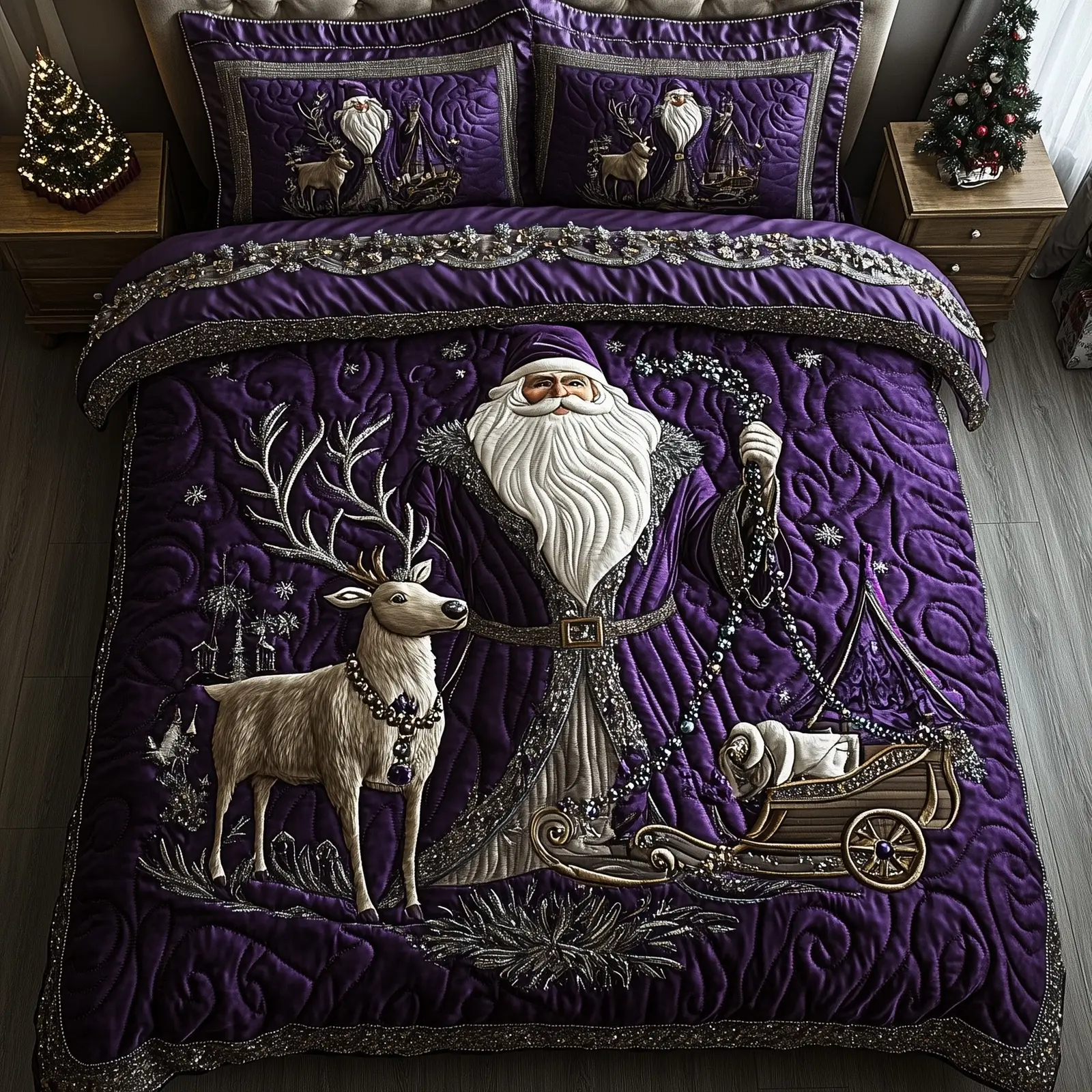 Reindeer Festive Santa Christmas Quilted Bedding Set Duvet Cover Bedspread Santa Claus Theme Xmas Presents