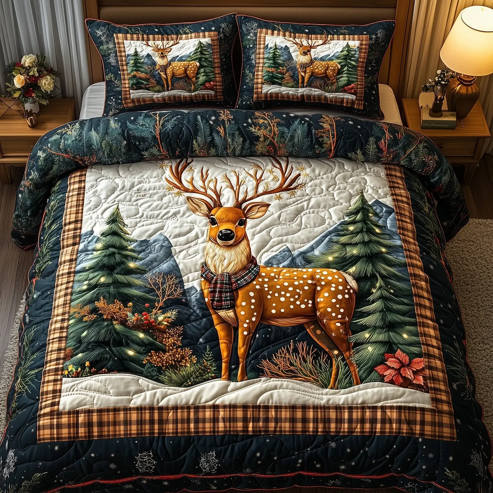 Reindeer Forest Wanderer Christmas Quilted Bedding Set Duvet Cover Bedspread Xmas Animal Theme Gifts For Kids