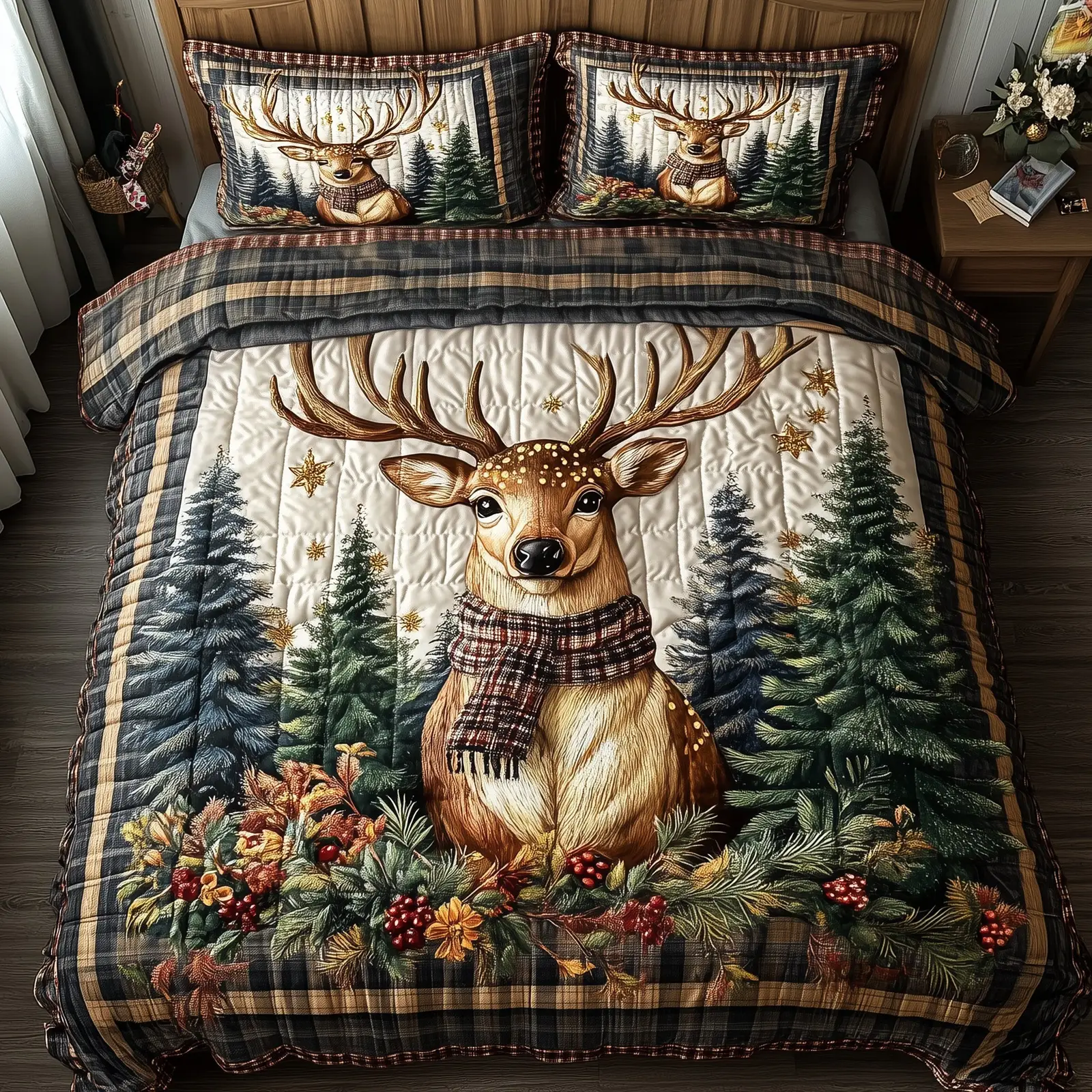 Reindeer Forest Wanderer vQuilted Bedding Set Duvet Cover Bedspread Xmas Animal Theme Presents For Animal Lovers