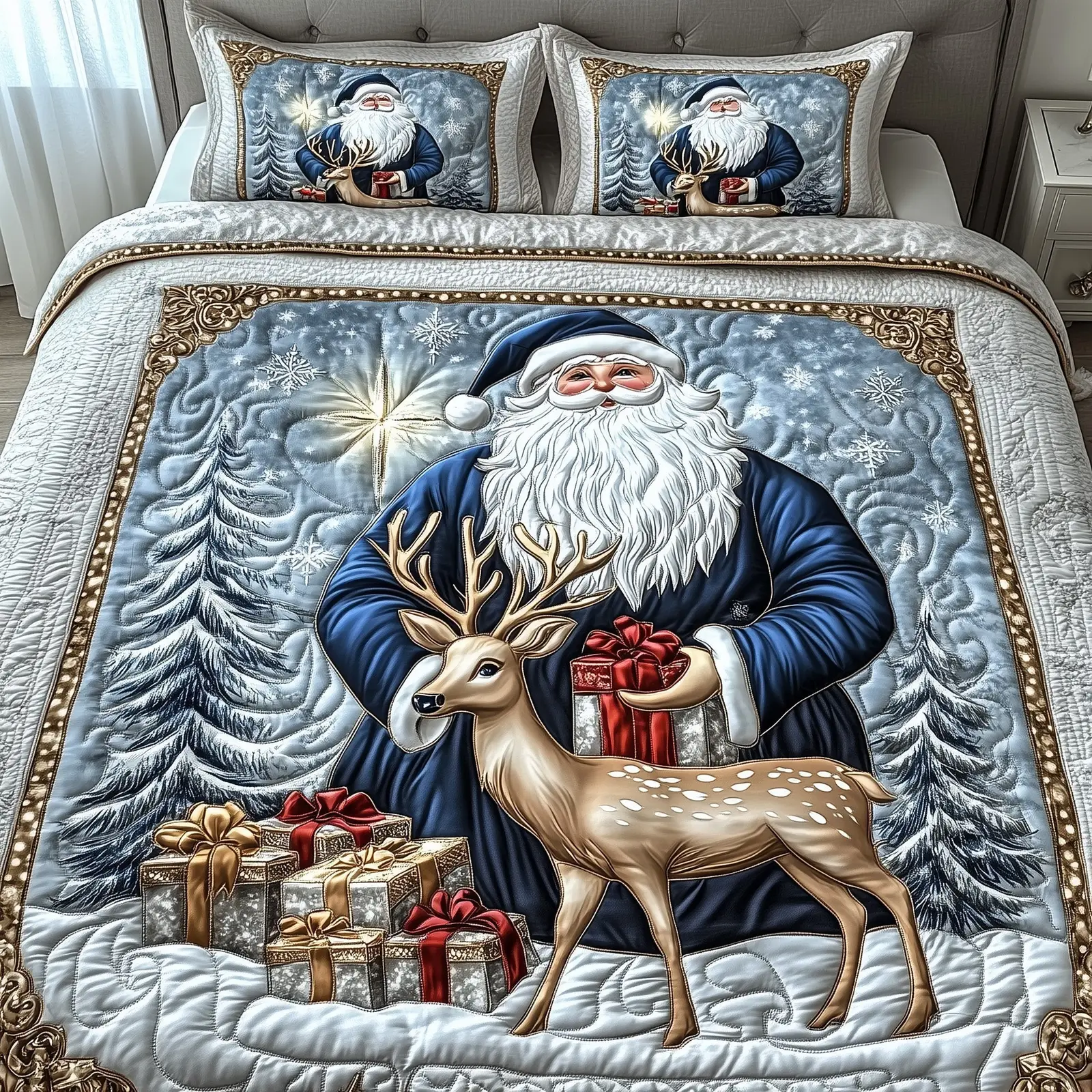 Reindeer Ho Ho Ho Christmas Quilted Bedding Set Duvet Cover Bedspread Santa Claus Gifts For Christmas Reindeer Ho Ho Ho Christmas Quilted Bedding Set Duvet Cover Bedspread Santa Claus Gifts For Christmas - Image 1