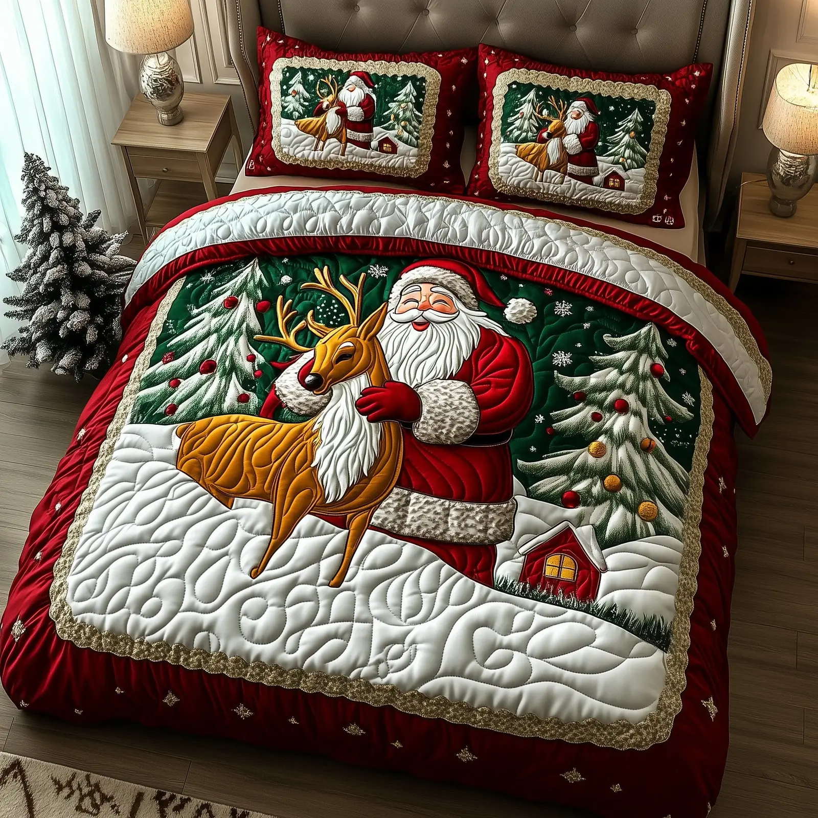 Reindeer Jolly Santa Christmas Quilted Bedding Set Duvet Cover Bedspread Cute Xmas Gifts