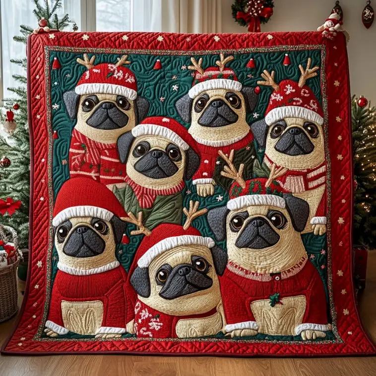 Reindeer Pugs Quilt Unique Quilt Blanket Gift for Special Occasions