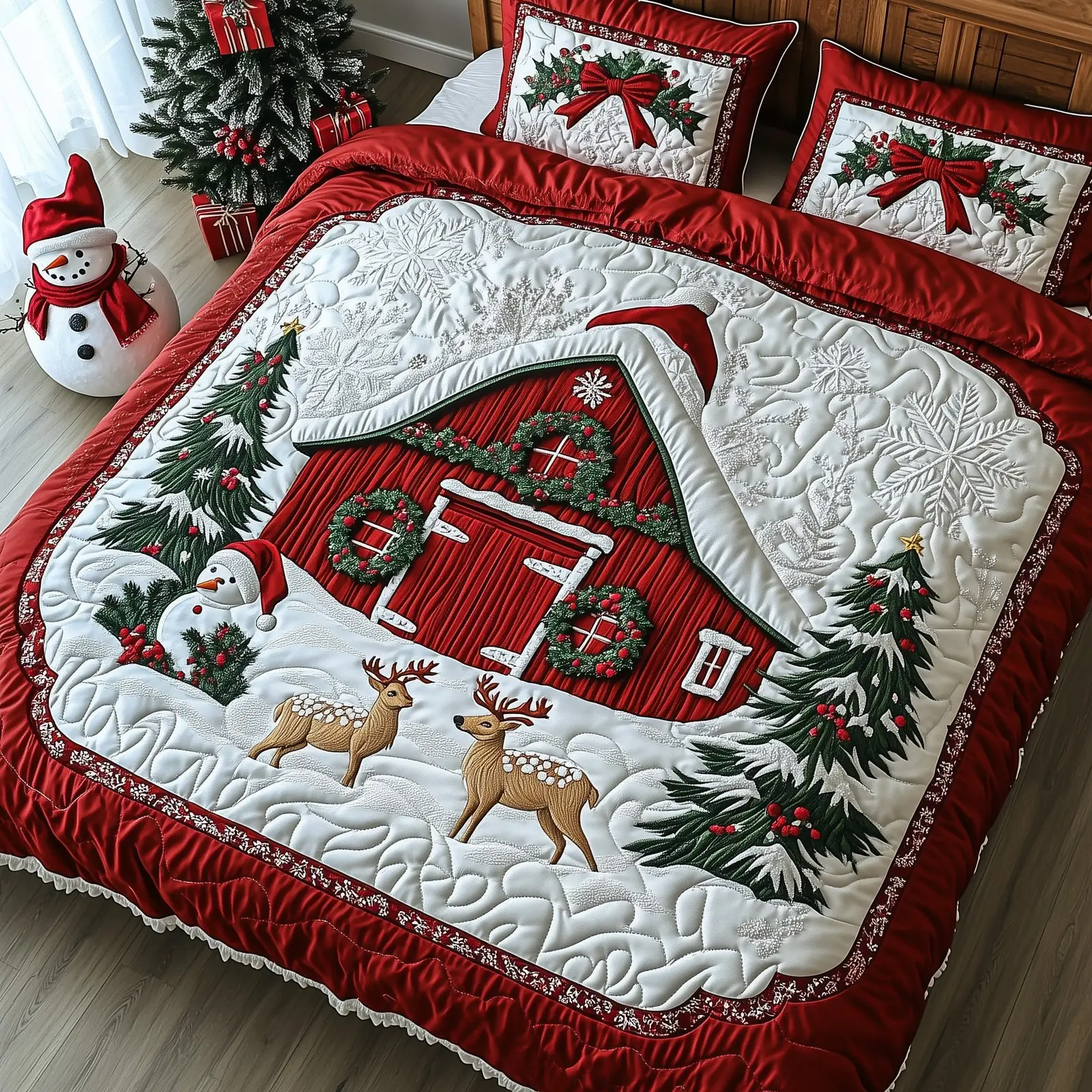 Reindeer Snow Cabin Quilted Bedding Set Duvet Cover Bedspread Deer Theme Xmas Gifts