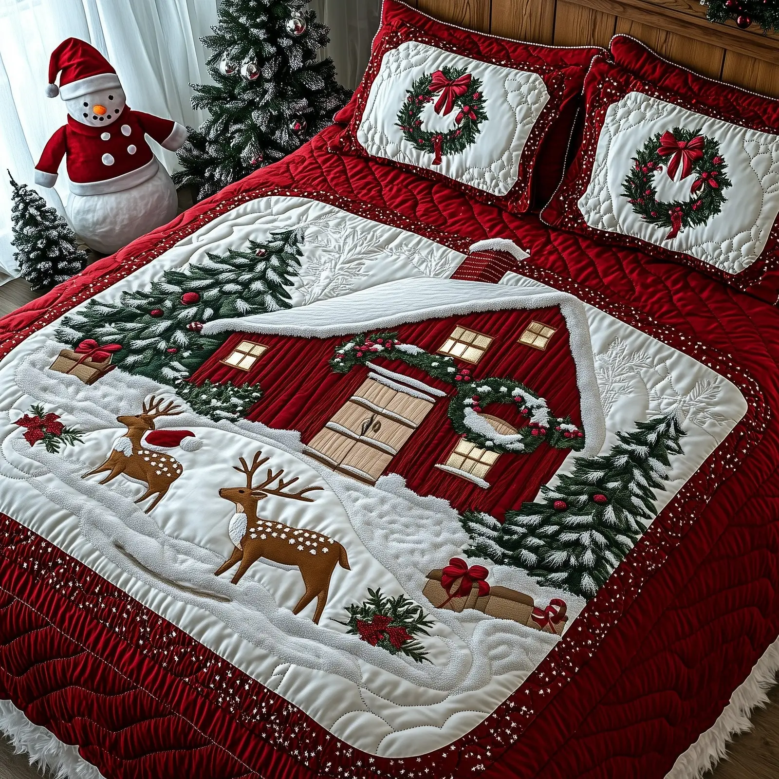 Reindeer Snow Cabin Quilted Bedding Set Duvet Cover Bedspread Deer Theme Xmas Gifts For Family