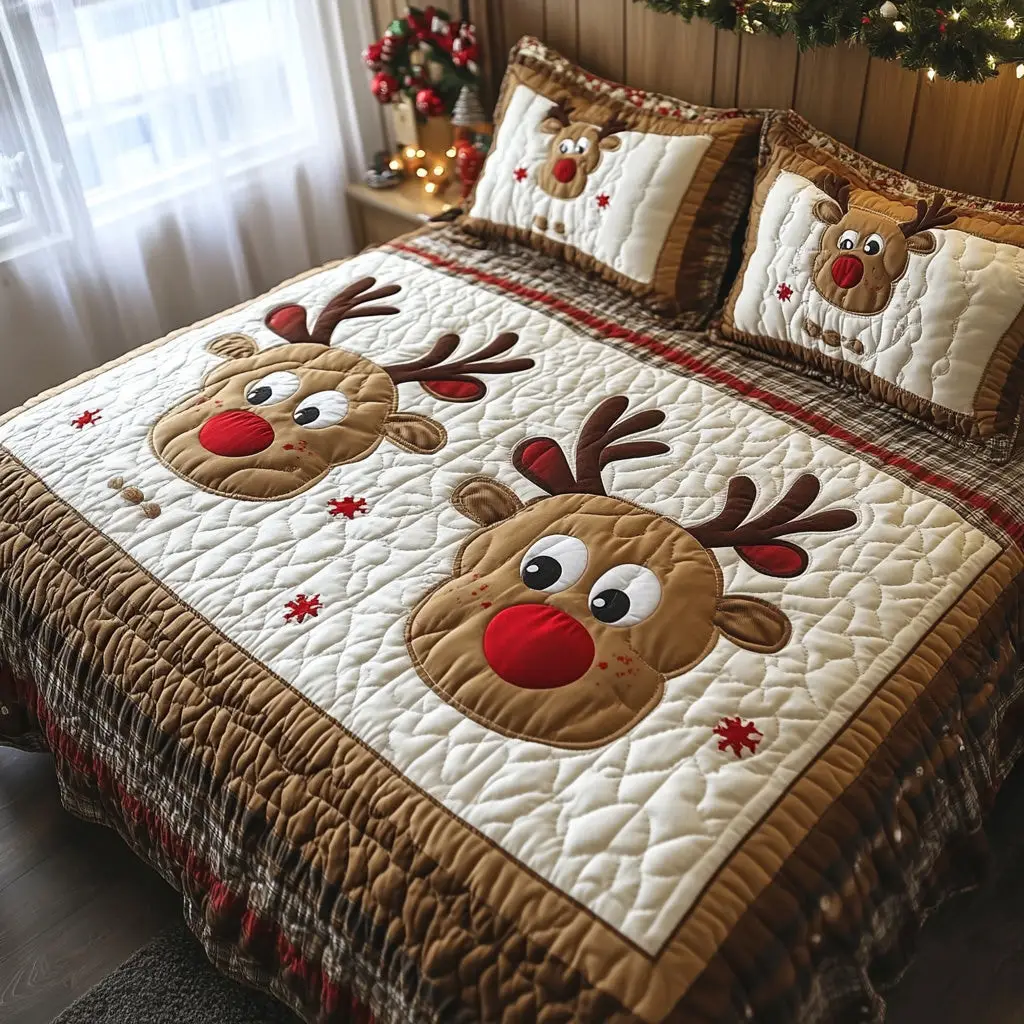 Reindeer Spirit Quilted Bedding Set Perfect Bedding Gift Set for Holiday Celebrations