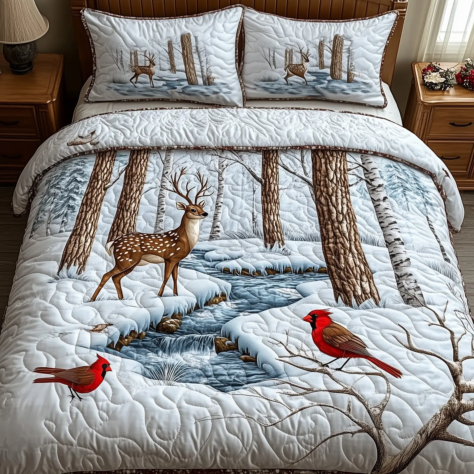 Reindeer Winter Birch Forest Christmas Quilted Bedding Set Duvet Cover Bedspread Xmas Gifts