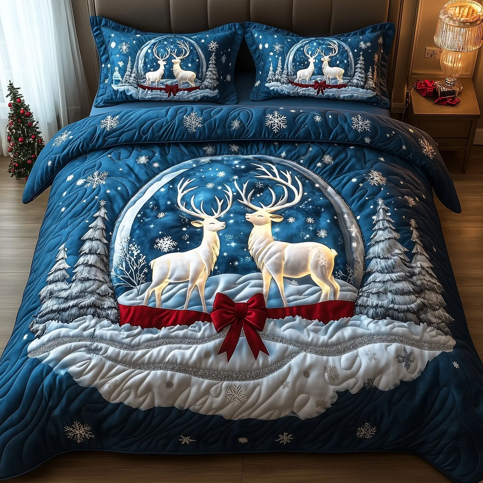Reindeer Winter Embrace Christmas Quilted Bedding Set Duvet Cover Bedspread Reindeer Winter Present Ideas