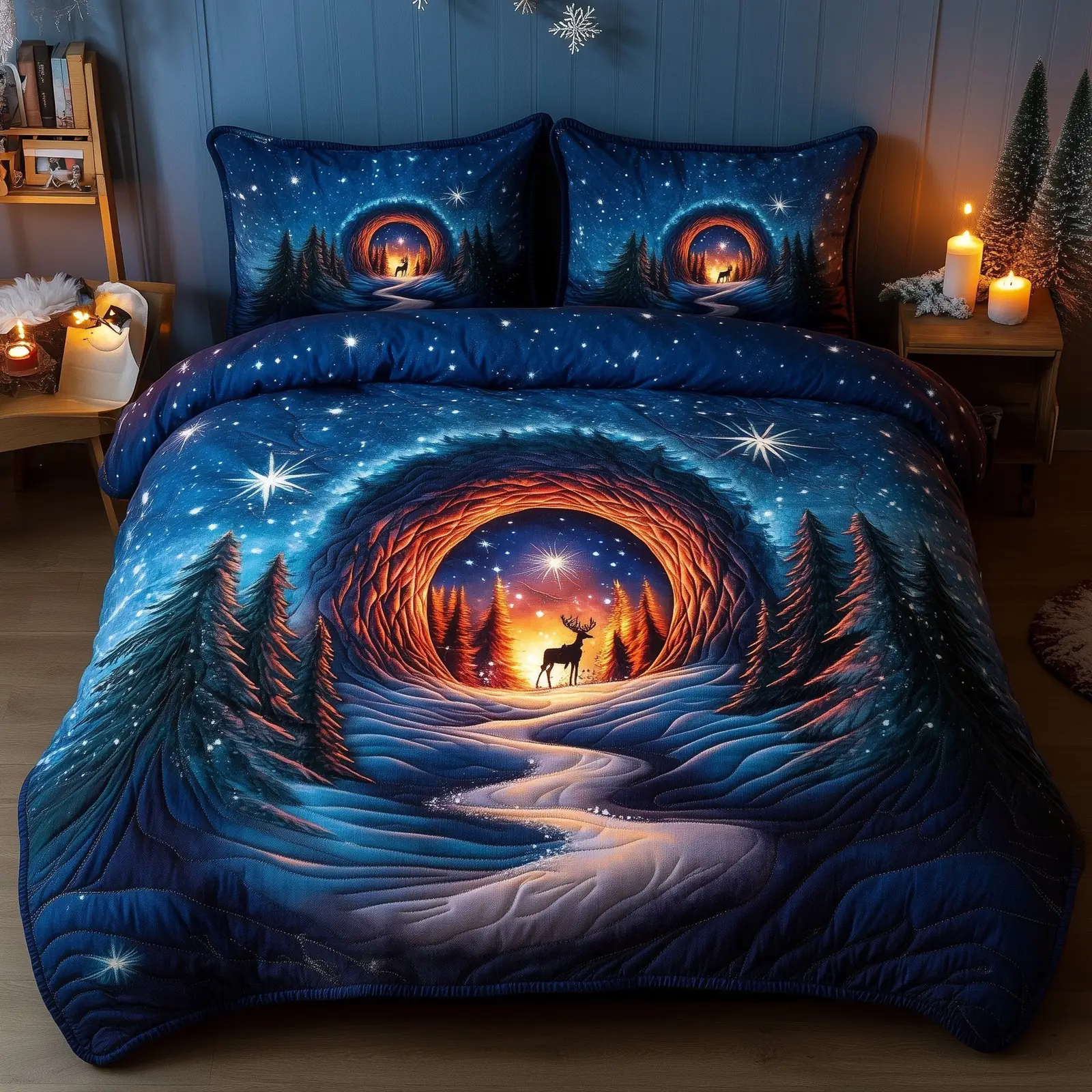 Reindeer Winter Wonderland Christmas Quilted Bedding Set Duvet Cover Bedspread Mystical Winter Xmas Gift Ideas